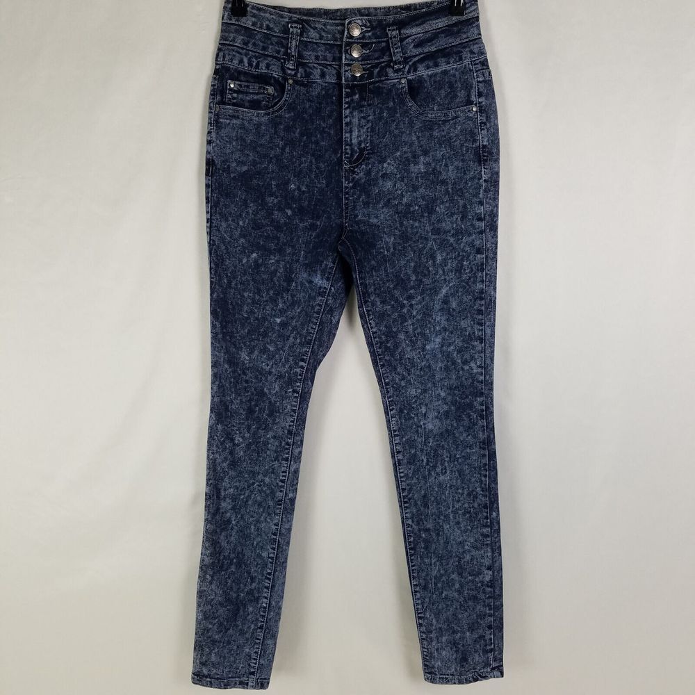 Iris Jeans Juniors 7 Blue High Rise Womens Skinny Leg Triple Button Denim